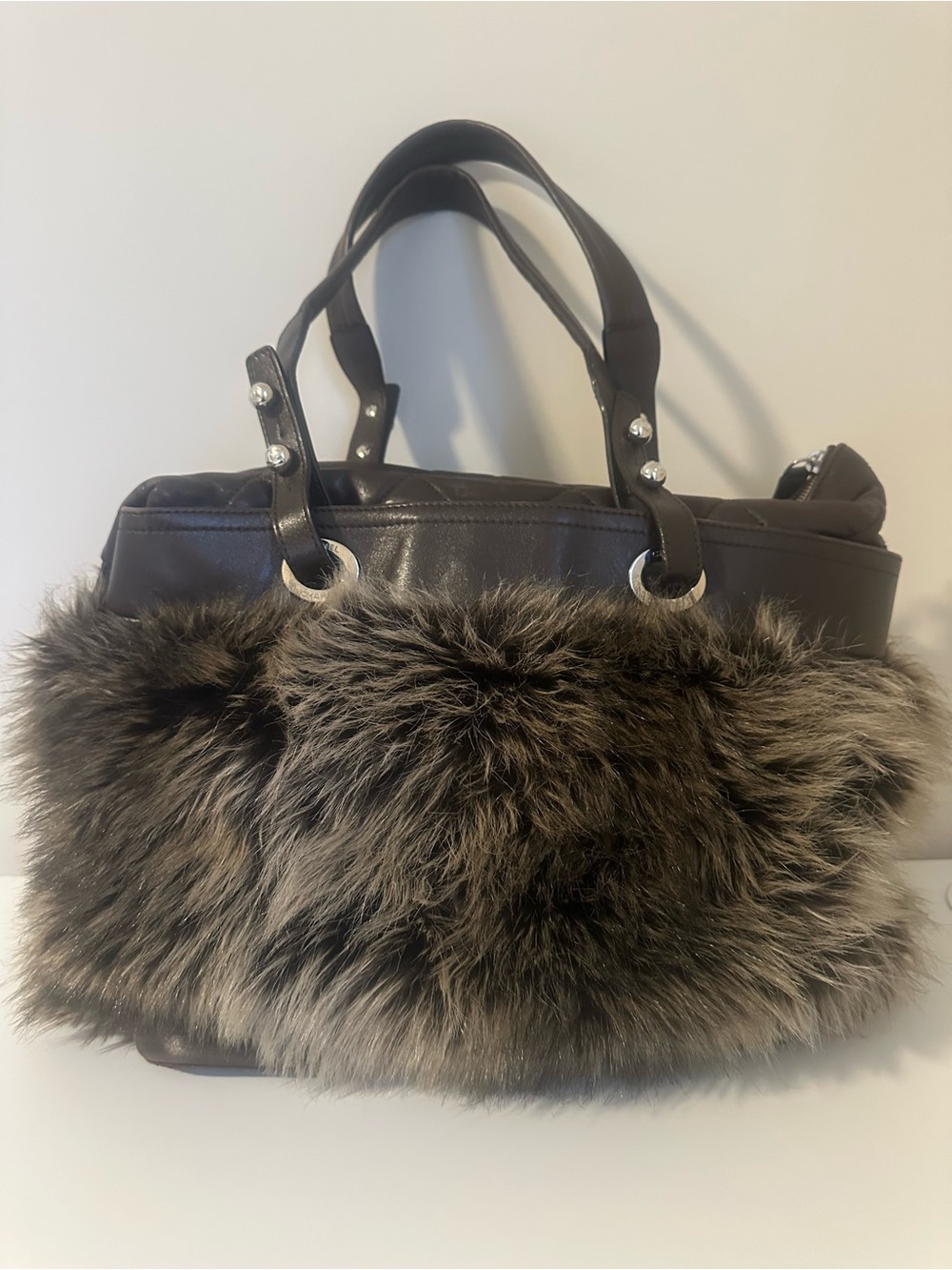 CHANEL Brown Leather Tote with Gray-Brown Fur Front